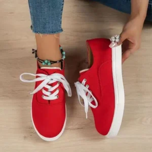 Whataoffers Women Fashion Casual Solid Color Lace-Up Canvas Shoes