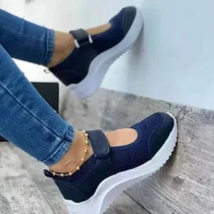 Whataoffers Women Casual Velcro Design Solid Color Breathable Platform Sneakers