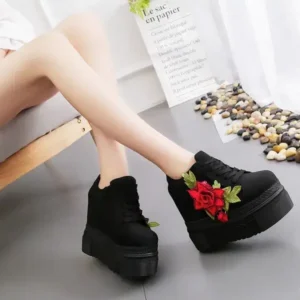 Whataoffers Women Fashion Casual PU Floral Printed Thick-Soled Lace-Up Canvas Sneakers