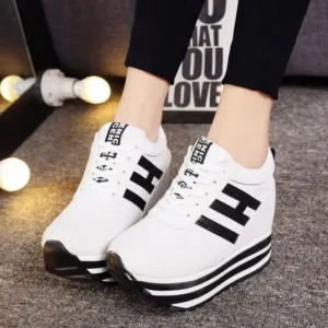 Whataoffers Women Fashion Casual Letter Printed Lace-Up Thick-Soled Sneakers