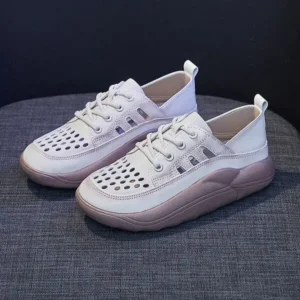 Whataoffers Women Fashion Casual Solid Color PU Lace-Up Hollow Breathable Sneakers