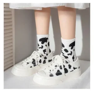 Whataoffers Women Fashion Platform Cute Cow Pattern Lace-Up Sneakers