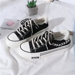 Whataoffers Women Fashion Cloth Breathable Platform Lace-Up Sneakers