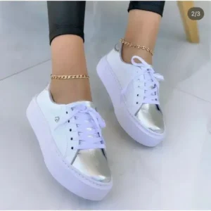 Whataoffers Women Fashionable Round Toe Lace-Up Sneakers