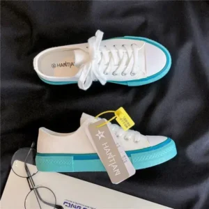 Whataoffers Women Fashion Cream Blue Canvas Lace-Up Sneakers