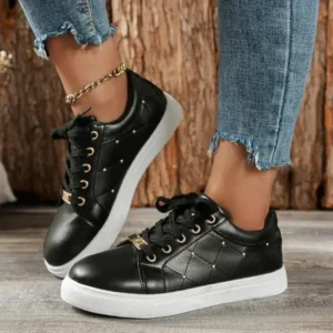 Whataoffers Women Fashion Shallow Toe Round Toe Casual Lace Up Sneakers