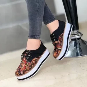 Whataoffers Women Fashion Pattern Canvas Flat Lace-Up Sneakers