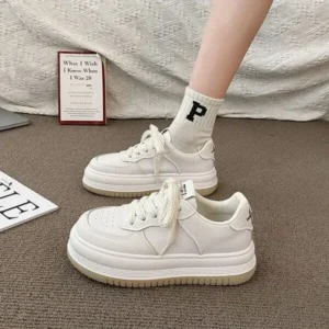 Whataoffers Women Fashion Round Toe Petite Platform Platform Lace-Up Sneakers