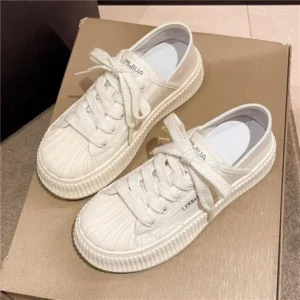 Whataoffers Women Fashion Shell Toe Platform Solid Color Lace-Up Sneakers