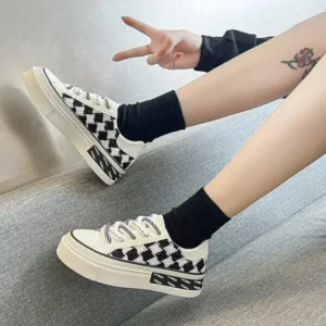 Whataoffers Women Fashion Platform Checkerboard Canvas Sneakers