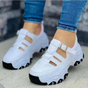 Whataoffers Women'S Casual Fashion Round Toe Mesh Solid Color Thick Sole Stitching Suede Hollow Platform Sneakers