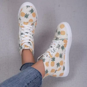 Whataoffers Women Fashion Round Toe Lace-Up Pineapple Strawberry Flat Sneakers