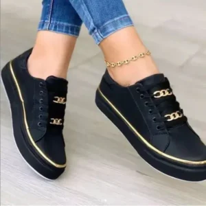 Whataoffers Women Thick Bottom Chain Casual Round Toe Fashion Pu Sneakers