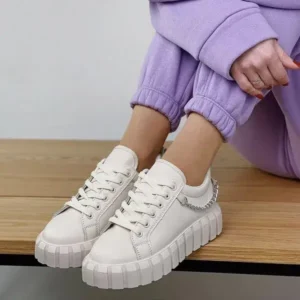 Whataoffers Fashion Metal Chain Front Lace Up Platform Sneakers