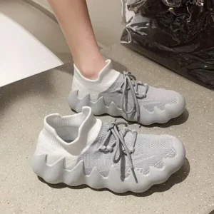 Whataoffers Women Fashion Round ToeWomen Fashion Round Toe Octopus Fly Woven Sneakers Shallow Cut Print Lace Up Flat Sneakers