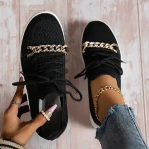 Whataoffers Women Fashion Round Toe Rhinestone Metal Decoration Lace-Up Mesh Sneakers