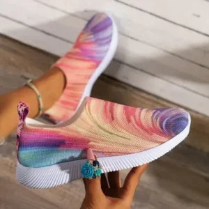 Whataoffers Women Fashion Round Multicolor Gradient Rainbow Mesh Sneakers