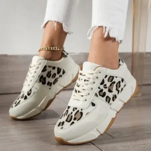 Whataoffers Women Fashion Round Toe Stitching Lace Up Low Top Leopard Sports Sneakers